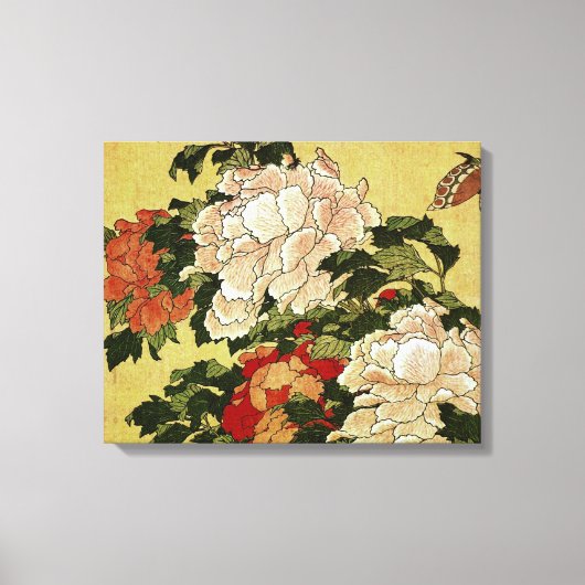 北 斎 Hokusai Peonies & Butterflies Fine Art Canvas Afdruk (Voorkant)