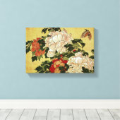 北 斎 Hokusai Peonies & Butterflies Fine Art Canvas Afdruk (Insitu (Houten vloer))