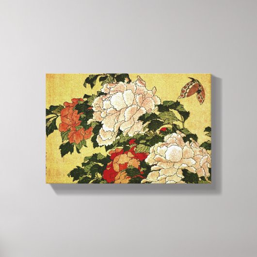 北 斎 Hokusai Peonies & Butterflies Fine Art Canvas Afdruk (Voorkant)