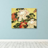 北 斎 Hokusai Peonies & Butterflies Fine Art Canvas Afdruk (Insitu (Houten vloer))