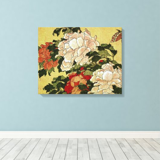 北 斎 Hokusai Peonies & Butterflies Fine Art Canvas Afdruk (Insitu (Houten vloer))