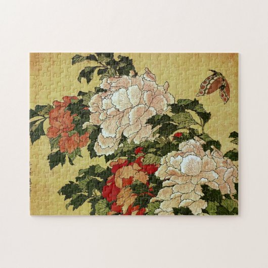 北 斎 Hokusai Peonies & Butterflies Fine Art Legpuzzel (Horizontaal)