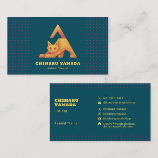名刺 Triangle Cat 猫 ドット / グリーン Business Card Visitekaartje (Voorkant / Achterkant)