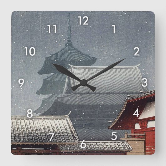 四王寺, Shitennō-ji in Osaka, Hasui Kawase, Woodcut Vierkante Klok (Voorkant)