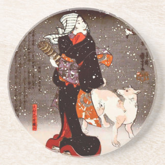 國 Vrouw en hond in Snow Kuniyoshi Fine Art Zandsteen Onderzetter