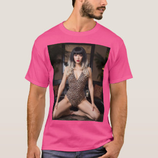 大胆なヒョウ柄水着でゴールドのメッシュワンポイントの似合う黒髪の女性 T-SHIRT