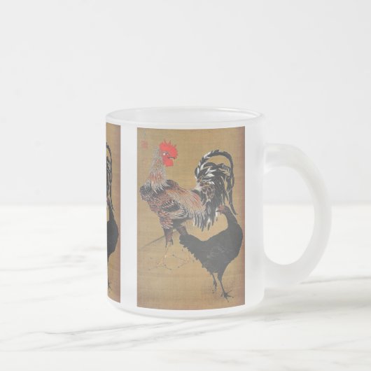 大鶏雌雄図 , Itoh Gyakucyu Matglas Koffiemok (Rechts)