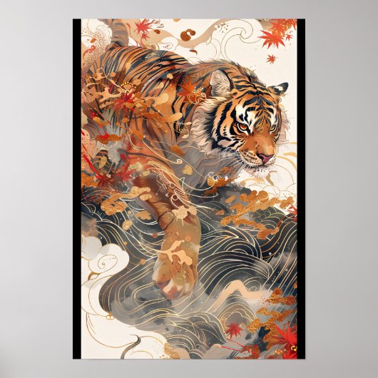 【大】紅葉と黄金に包まれた虎／A tiger in gold and autumn Poster (Voorkant)