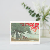 奈 良 園 鹿, Deer of Nara Park, Hasui Kawase, Woodcut Briefkaart (Staand voorkant)