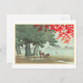 奈 良 園 鹿, Deer of Nara Park, Hasui Kawase, Woodcut Briefkaart (Voorkant / Achterkant)