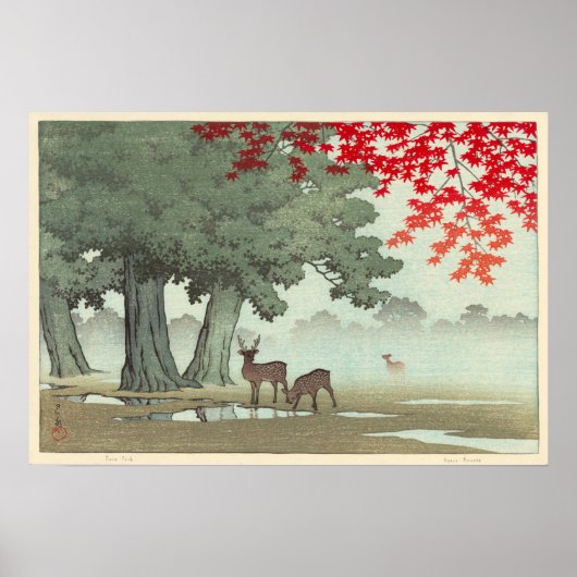 奈 良 園 鹿, Deer of Nara Park, Hasui Kawase, Woodcut Poster (Voorkant)