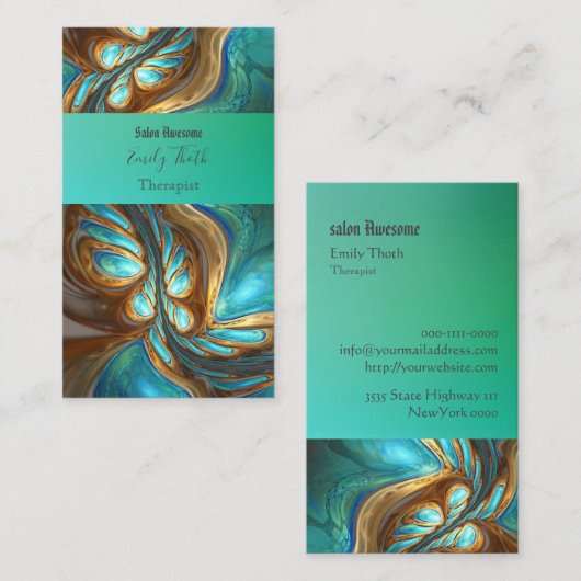 孔雀をイメージしたキレイな青と緑の VISITEKAARTJE (Voorkant / Achterkant)