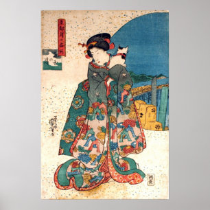 少 女 猫, 国 芳 Meisje met Cat, Kuniyoshi, Ukiyo-e Poster