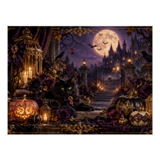 幻想的なゴシックハロウィン 黒猫と月夜のグロッシーポスター PERFECT POSTER
