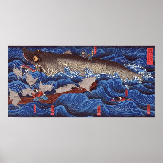 怪 鮫,国 Monster Shark, Kuniyoshi, Ukiyo-e Poster (Voorkant)