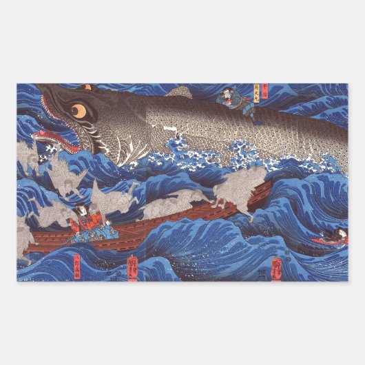 怪 鮫,国 Monster Shark, Kuniyoshi, Ukiyo-e Rechthoekige Sticker (Voorkant)