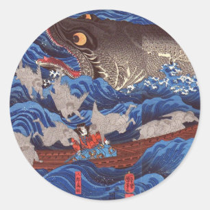 怪 鮫,国 Monster Shark, Kuniyoshi, Ukiyo-e Ronde Sticker