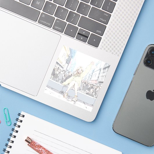 手を振るJKシール|寿司娘 Seal GenerativeAI Sticker (Laptop met iPhone)