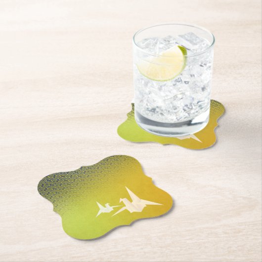 折鶴と紗綾形紋様(金地に紺青色)のペーパーコースター KARTONNEN ONDERZETTERS (Insitu)