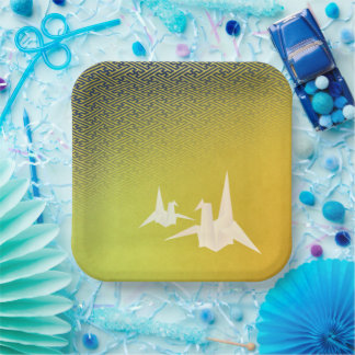 折鶴と紗綾形紋様(金地に紺青色)のペーパープレート PAPIEREN BORDJE