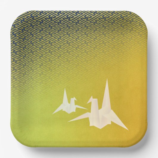 折鶴と紗綾形紋様(金地に紺青色)のペーパープレート PAPIEREN BORDJE (Voorkant)