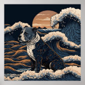 日本の伝統的なヴィンテージデザインを使用したアート作品 躍動感のある波と犬 POSTER (Voorkant)