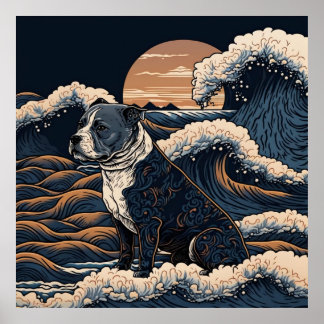 日本の伝統的なヴィンテージデザインを使用したアート作品 躍動感のある波と犬 POSTER