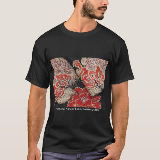 日本の伝統的着物生地　かっこいい獅子と牡丹のTシャツ T-SHIRT