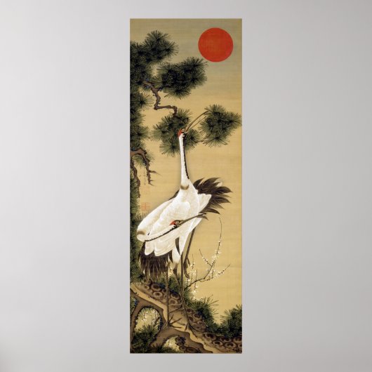 旭 松 図, 若 冲 Cranes & Morning sun, Jakuchüu Poster (Voorkant)