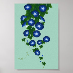 朝 顔, 青 色, Asagao, Morning glory, ondiep groen Poster