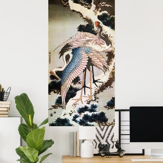 松に鶴, 北斎 Cranes on Pine Tree, Hokusai, Ukiyo-e Poster (Thuiskantoor)