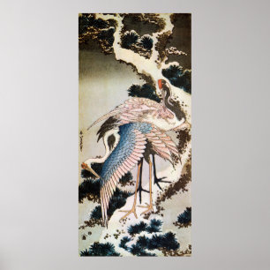 松に鶴, 北斎 Cranes on Pine Tree, Hokusai, Ukiyo-e Poster