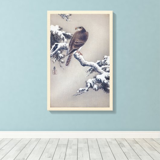 松 鷹, 古 Hawk op Pine Tree, Ohara Koson, Woodcut Canvas Afdruk (Insitu (Houten vloer))