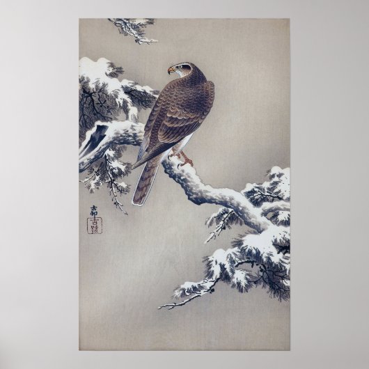 松 鷹, 古 Hawk op Pine Tree, Ohara Koson, Woodcut Poster (Voorkant)