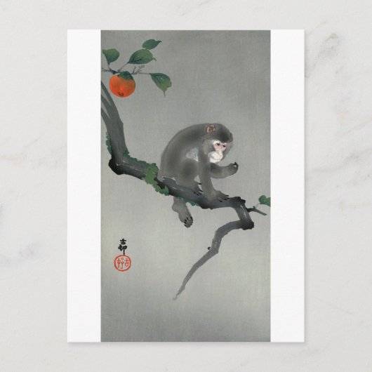 柿 に 猿, 古 aap op Persimmon-boom, Ohara Koson Briefkaart (Voorkant)