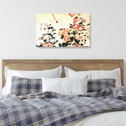 桔梗, 北斎 Bellflower en Dragonfly, Hokusai, Ukiyo-e Canvas Afdruk (Insitu (Slaapkamer))