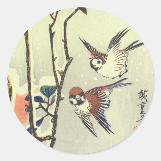 椿 雀, 広 Camellia en Sparrow, Hiroshige, Ukiyo-e Ronde Sticker (Voorkant)