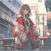 橋に佇む赤い服の娘シール Seal｜東京娘 GenerativeAI Sticker (Voorkant)