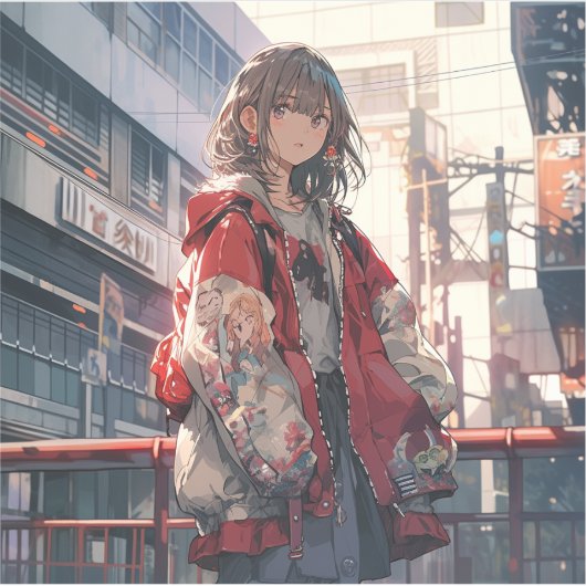 橋に佇む赤い服の娘シール Seal｜東京娘 GenerativeAI Sticker (Voorkant)