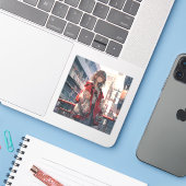 橋に佇む赤い服の娘シール Seal｜東京娘 GenerativeAI Sticker (Laptop met iPhone)