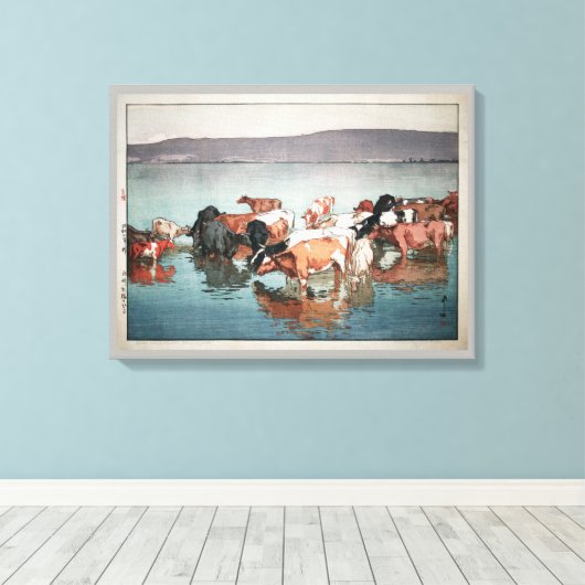 沼 崎 の 昼, Koeien, Hiroshi Yoshida, Woodcut Canvas Afdruk (Insitu (Houten vloer))