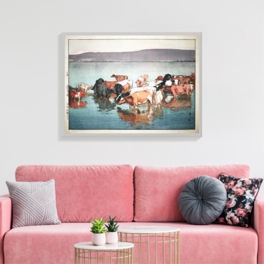 沼 崎 の 昼, Koeien, Hiroshi Yoshida, Woodcut Canvas Afdruk (Insitu (Woonkamer))