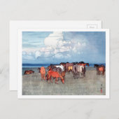 沼 崎 場, paarden, Hiroshi Yoshida, Woodcut Briefkaart (Voorkant / Achterkant)