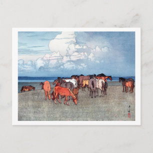 沼 崎 場, paarden, Hiroshi Yoshida, Woodcut Briefkaart