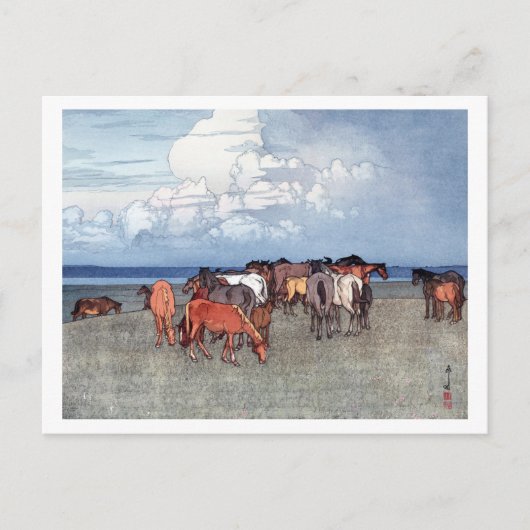 沼 崎 場, paarden, Hiroshi Yoshida, Woodcut Briefkaart (Voorkant)