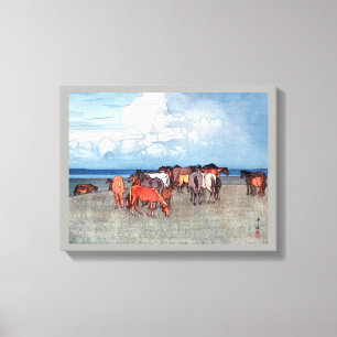沼 崎 場, paarden, Hiroshi Yoshida, Woodcut Canvas Afdruk
