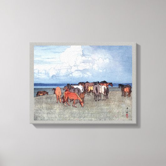 沼 崎 場, paarden, Hiroshi Yoshida, Woodcut Canvas Afdruk (Voorkant)