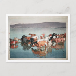 沼 牧 の 昼, koeien, Hiroshi Yoshida, Woodcut Briefkaart