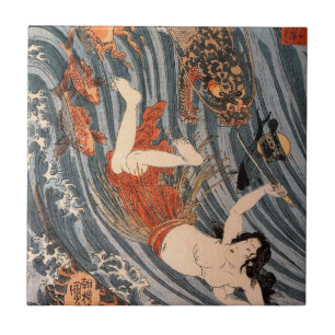 海 女 龍, 国 芳, Vrouw & Dragon, Kuniyoshi, Ukiyo-e Tegeltje