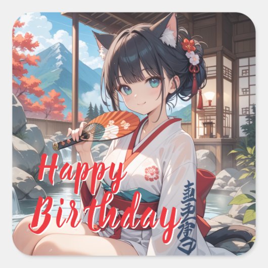 温泉に入る猫耳娘 VIERKANTE STICKER (Voorkant)